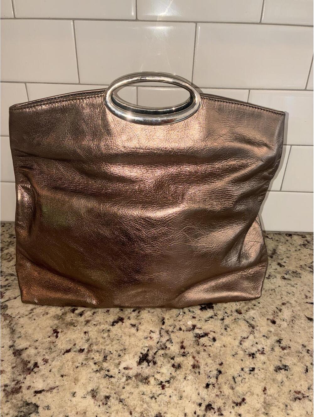ABRO Metallic Bronze Leather Clutch Tote with Oval Metal Handles